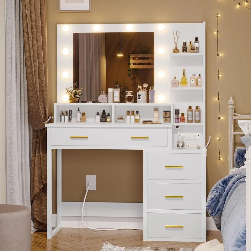 Makeup Vanity with Lights, Vanity Desk with Charging Station, Vanity Table with 10 Light Bulbs Mirror & 3 Lighting Modes