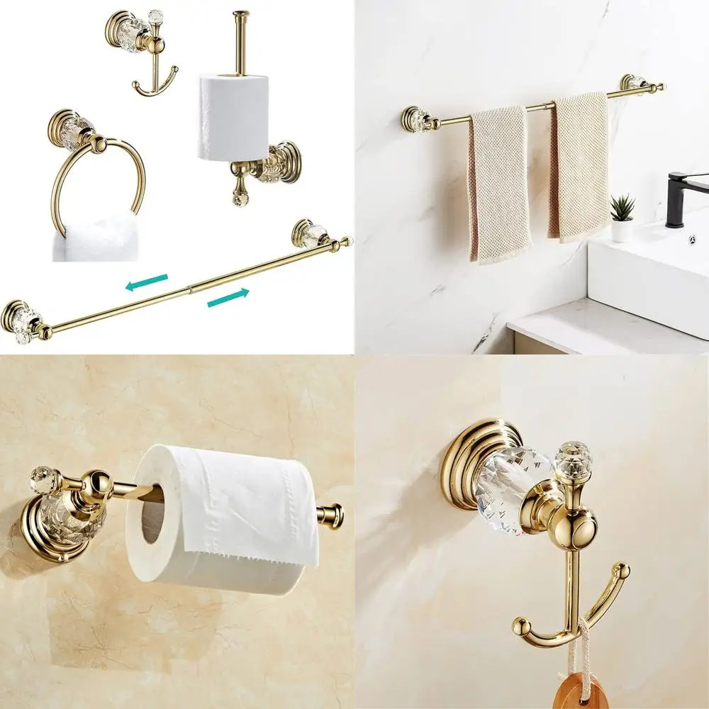 

Gold Bathroom Accessories Set: Towel Bar, Toilet Paper Holder, Towel Ring, Coat Hooks, Shiny Wall Hardware for Luxurious Bathroo