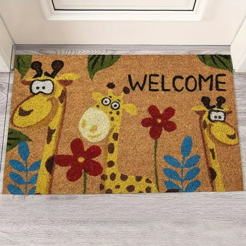 Sweet "Welcome Home" Fawn & Floral Printed Rug, Charming Deer with Flowers Design, Non-Slip Indoor Outdoor Entryway Mat 2D Flat - view 2