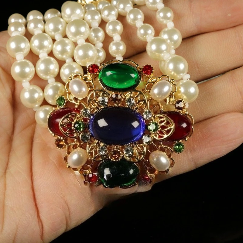 Luxury Retro Layered Pearls Necklaces for Women, Colorful Crystal Flowers  Collares Para Mujer