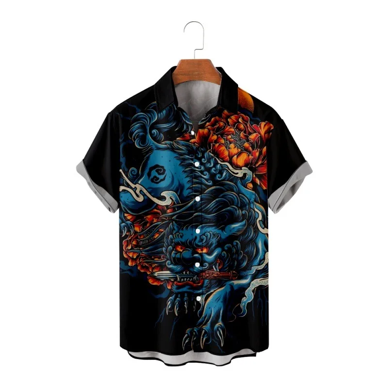 Japanese Style 2022 Men Hawaiian Shirt Streetwear Anime Lion Print Harajuku Beach Shirt Casual Summer Short Sleeve