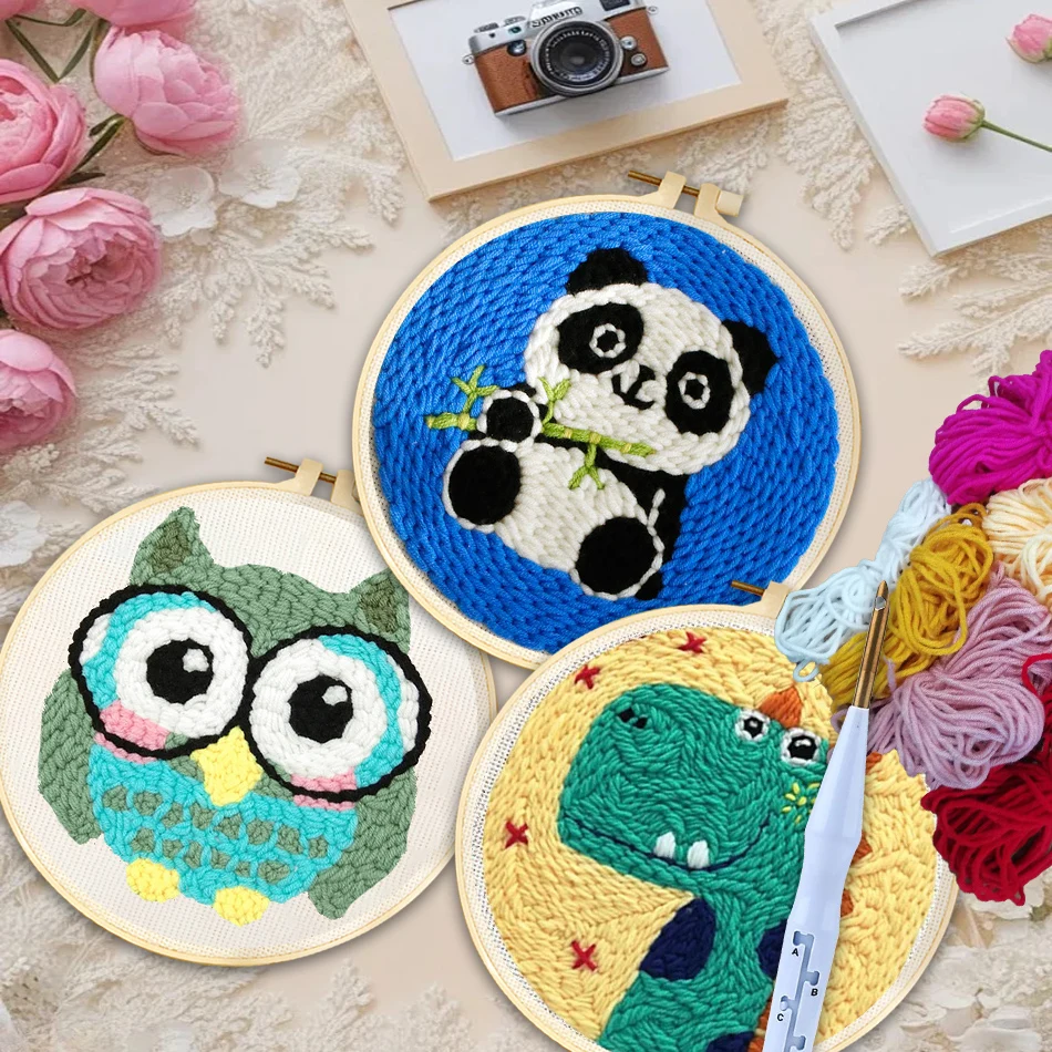 

CHENISTORY Punch Needle Embroidery Starter Kits For Beginner Cartoon Cute Animal Poking Embroidery Yarn Painting Arts Home Decor