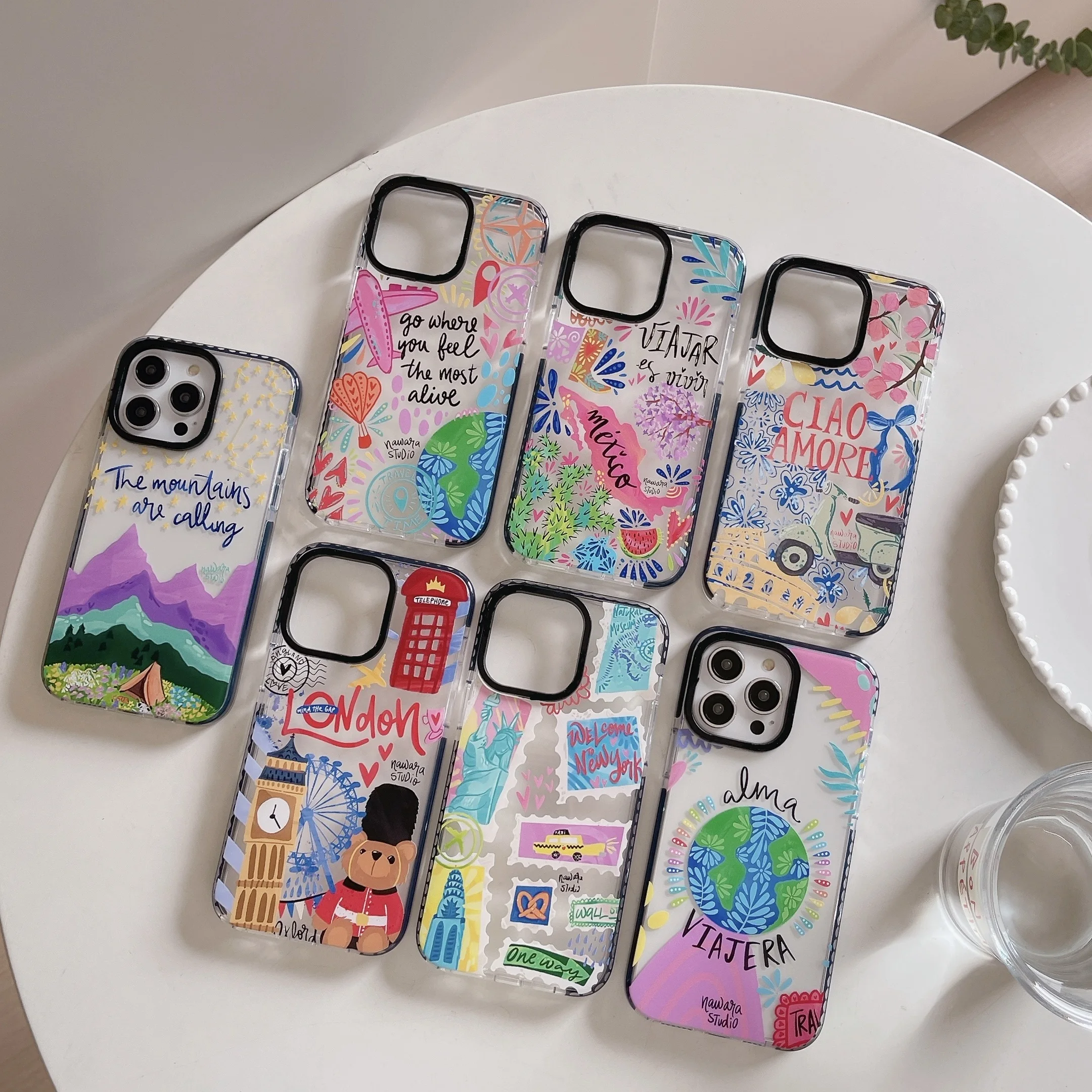 Ins Funny Landscape Plant Architecture Graffiti Series Phone Cover Case for iPhone 16 15 14 13 12 11 Pro Max Plus