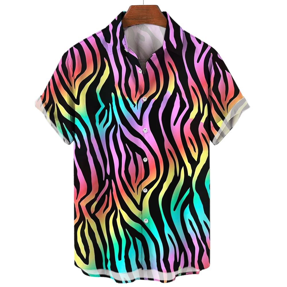 Tiger Stripes Print Summer Men\'s Shirts Casual Oversized Short Sleeve Fashion Single-Breasted Blouses Trend Tops Men Clothing