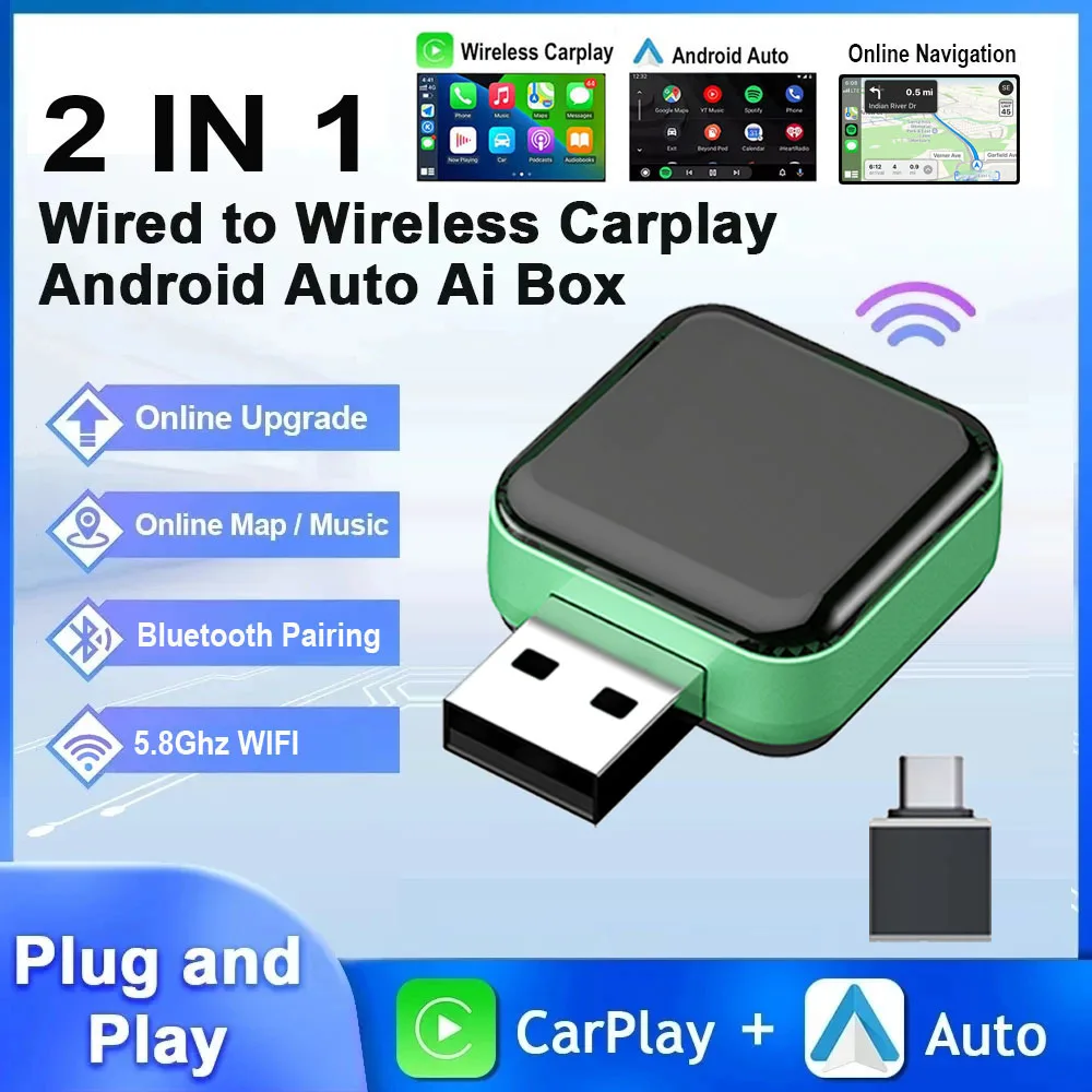 

Android Auto Wire to Wireless Carplay Adapter 2 in 1 Plug & Play USB Dongle Type C Connection For VW Benz Audi Kia Jeep Hyundai