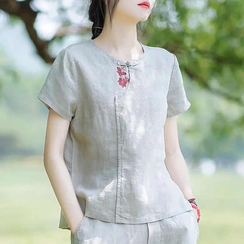 Women Summer Elegant Loose Chinese Style Embroidered Flax O-neck Short Sleeve T-Shirt Women Clothes Casual Appear Thin Top Tee