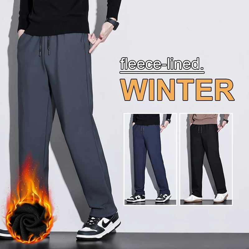 الرجال البوليستر صوف مبطن فضفاض مستقيم بنطال ذو قصة أرجل واسعة 2025 الخريف الشتاء موضة الدافئة تمتد الخصر حجم كبير 5XL