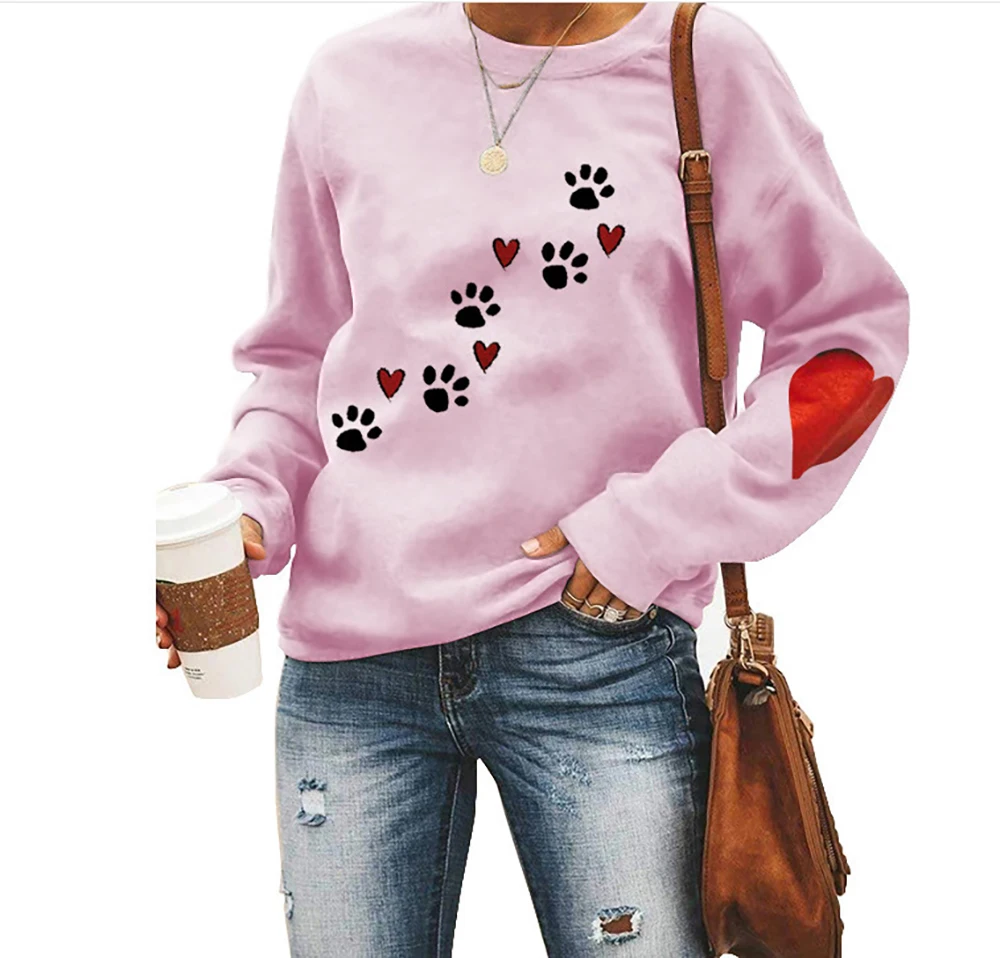 

Women's Autumn and Winter Round Neck Dog Paw Print Sweatshirt, Daily Casual Long-sleeved Top