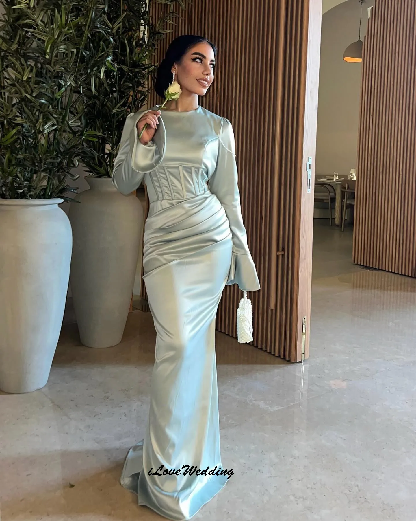 

Blue Elegant Woman High Neck Long Evenibng Dresses 2025 Elegant Mermaid Satin Long Sleeve Prom Dresses Formal Gowns Customized