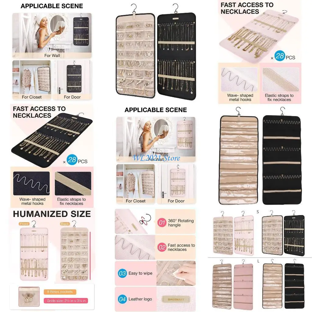 

G5GC Travel Storing Jewelry Holder Portable Jewelry Rack with Metal Hook Jewelry Storage Roll for Storing Earrings Necklace