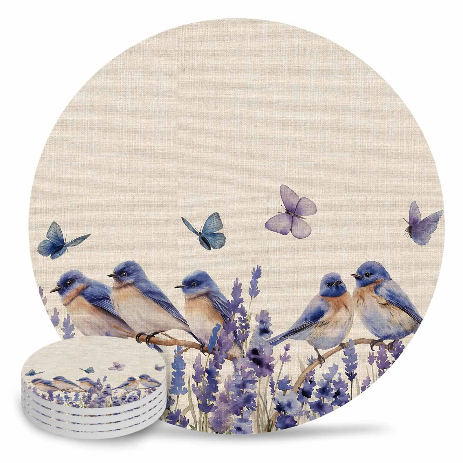 Bird Lavender Watercolor Butterfly Ceramic Coaster Set Kitchen Table Round Placemat Luxury Decor Coffee Tea Cup Coasters