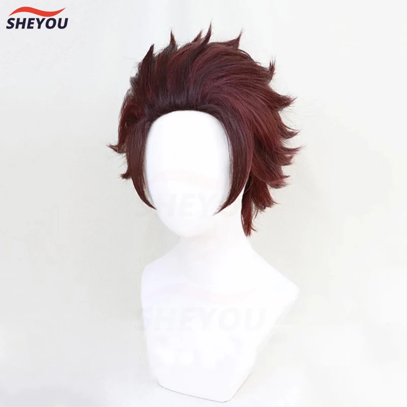 High Quality  Yaiba Tanjiro Kamado  Cosplay Wig Anime Short Chestnut Brown Heat Resistant Hair Cosplay Costume Wig + Wig Cap