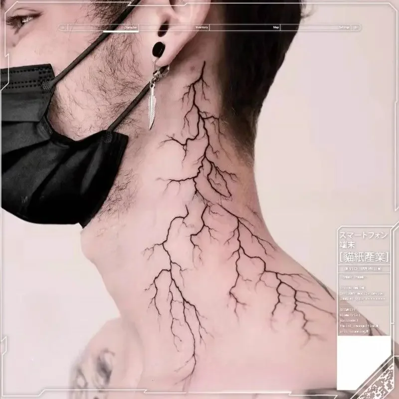 Tatuajes de línea roja para mujeres y hombres, arte de cuello Punk, tatuaje falso impermeable, tatuaje temporal duradero con grieta de relámpago