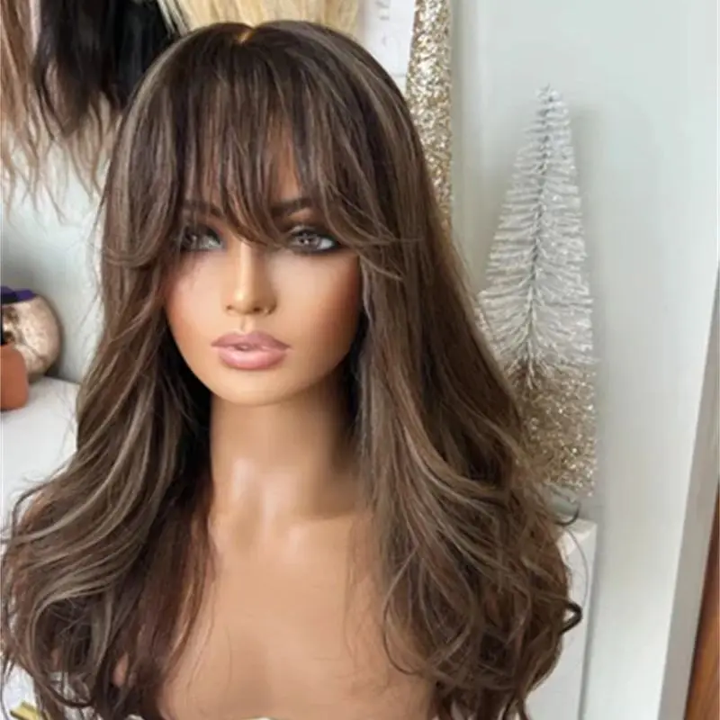 

Коричневый парик Ombre из синтетического кружева спереди с челкой, предварительно выщипанные натуральные волосы для женщин, термостойкое волокно, парик для повседневной вечеринки