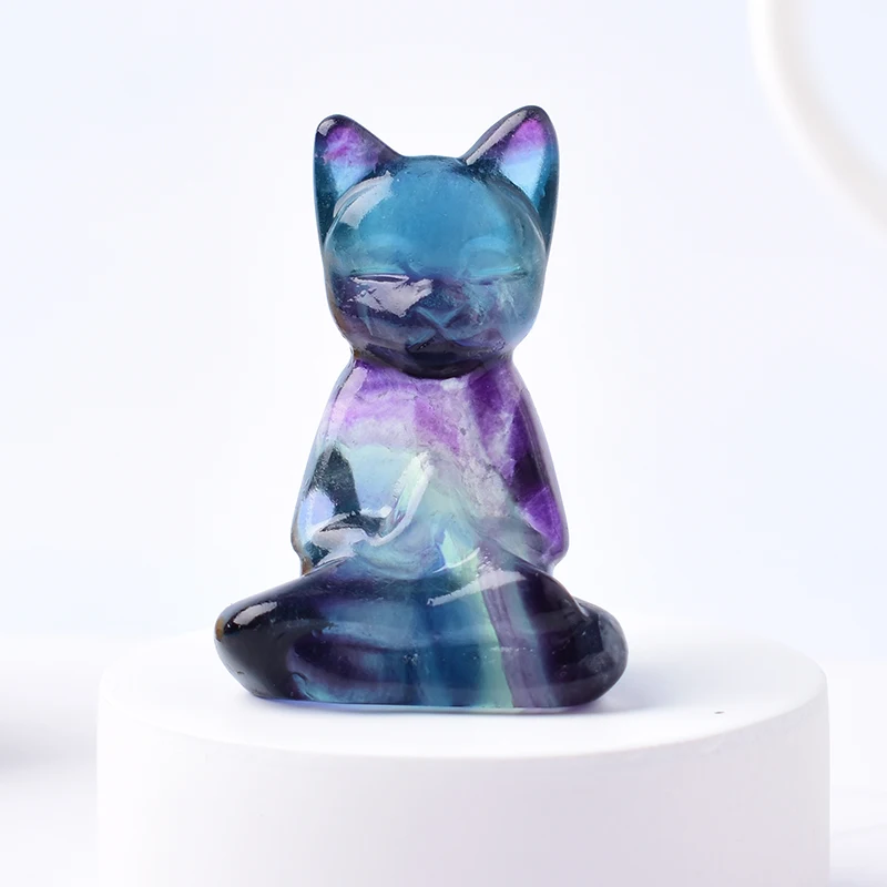 1PC Natural Fluorite Carving Cat Crystal Animals Figurine Reiki Healing Simple Ornaments For Home Tabletop Decoration Gift