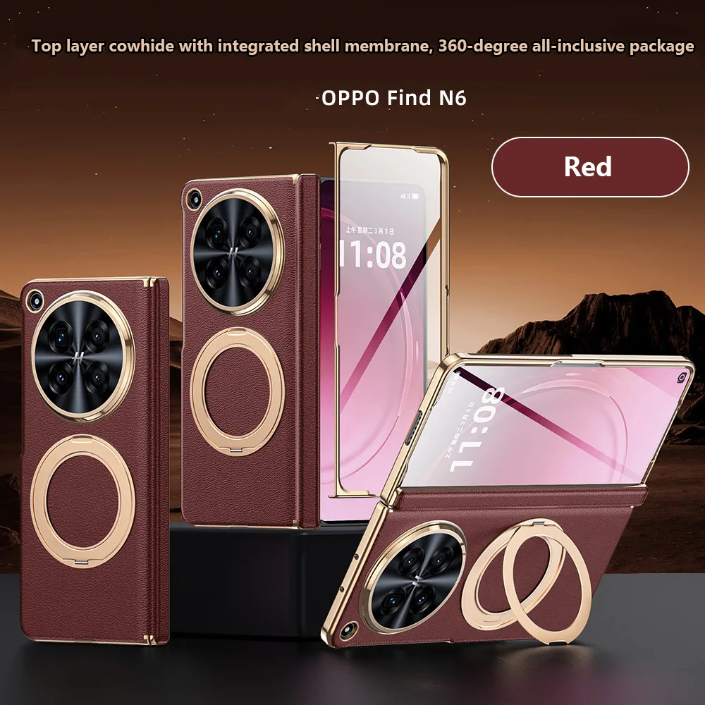 

Vegan Leather Case For OPPO Find N6 FindN6 5G 360 ° Rotation Bracket Magnetic Folding Hinge Protective Cover With Tempered Film