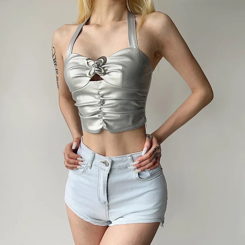 Silver Imitation Leather Butterfly Buckle Tank Top Women Halter Crop Tops Bare Midriff Camisole Female Tube Top Cropped Vest