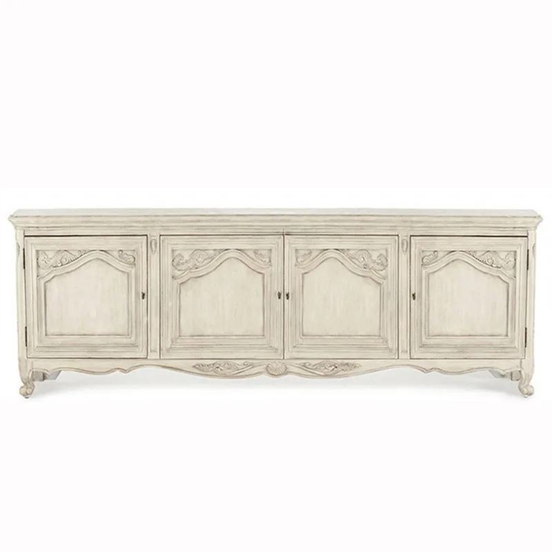 

Light luxury American solid wood carving oak TV cabinet French retro ivory white old living room locker floor cabinet