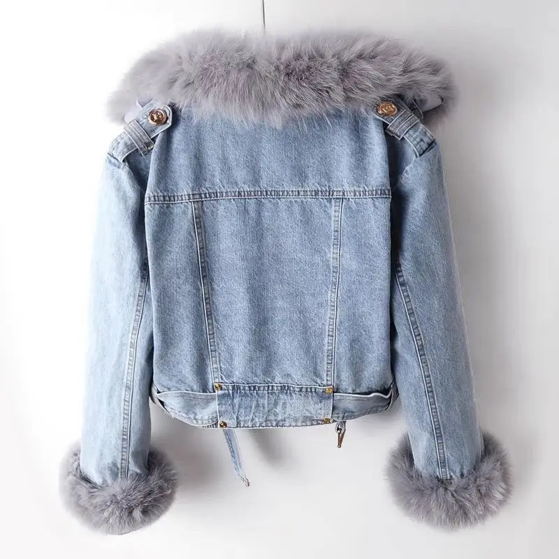 AW New Women Faux Fox Fur Collar Jean Coat Winter Jacket Female Short Warm Parkas Rabbit Hair Lining Outwear Fashion Overcoat view 3