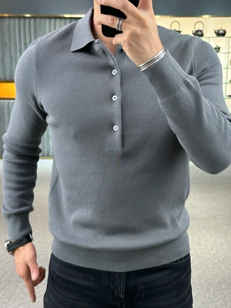 

New Autumn Winter Men's Knitted Sweater Comfortable Faionable Flip-Collar Luxury Sensation Versatile Sli Trendy Long Sl...