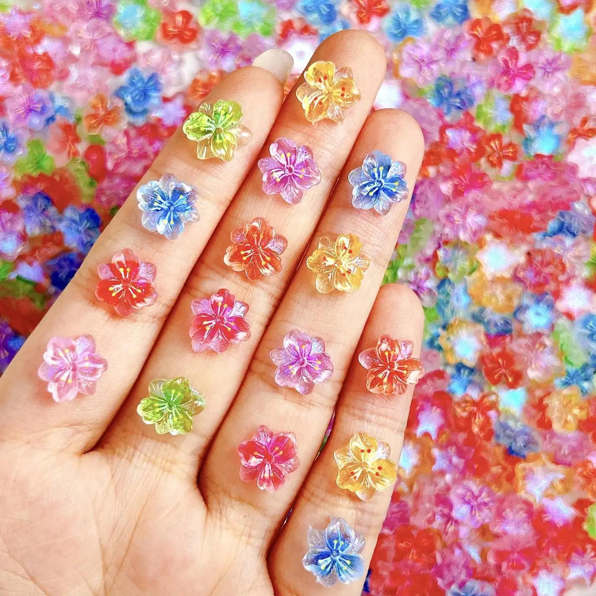 30PCS Minimalist Colorful Simulated Flowers Nail Art Decorations 3D Ice Transparent Three-petal Flowers Resin Nail Charms DIY