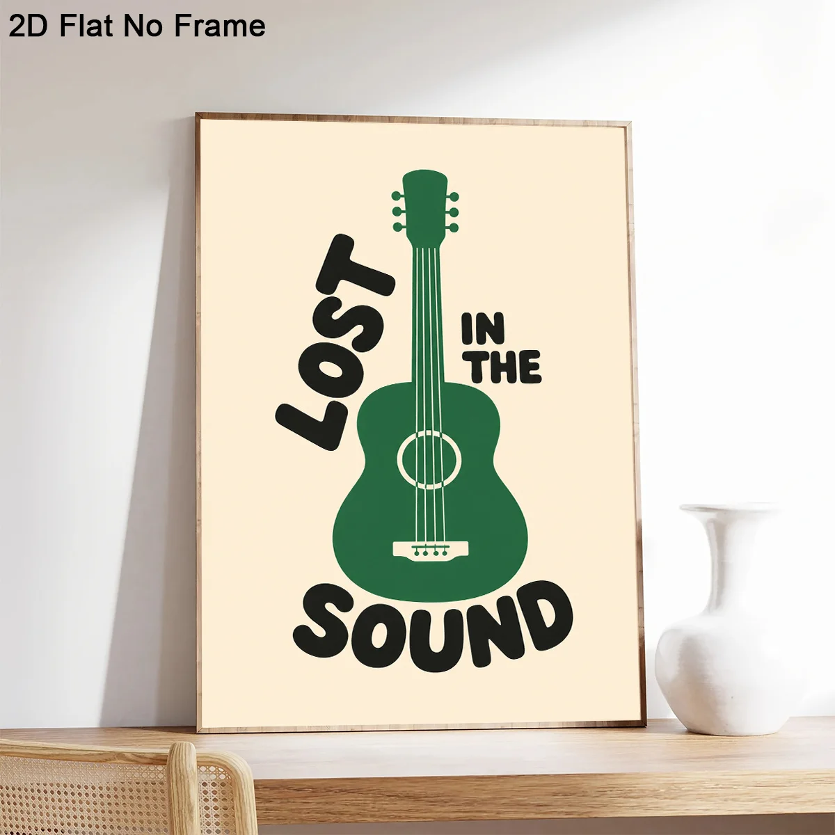 2D Flat, 2D Flat, 1pc Frameless Canvas Poster, Aesthetic Green Acoustic Guitar Lost in The Sound Quote, Wall Art Canvas Paint