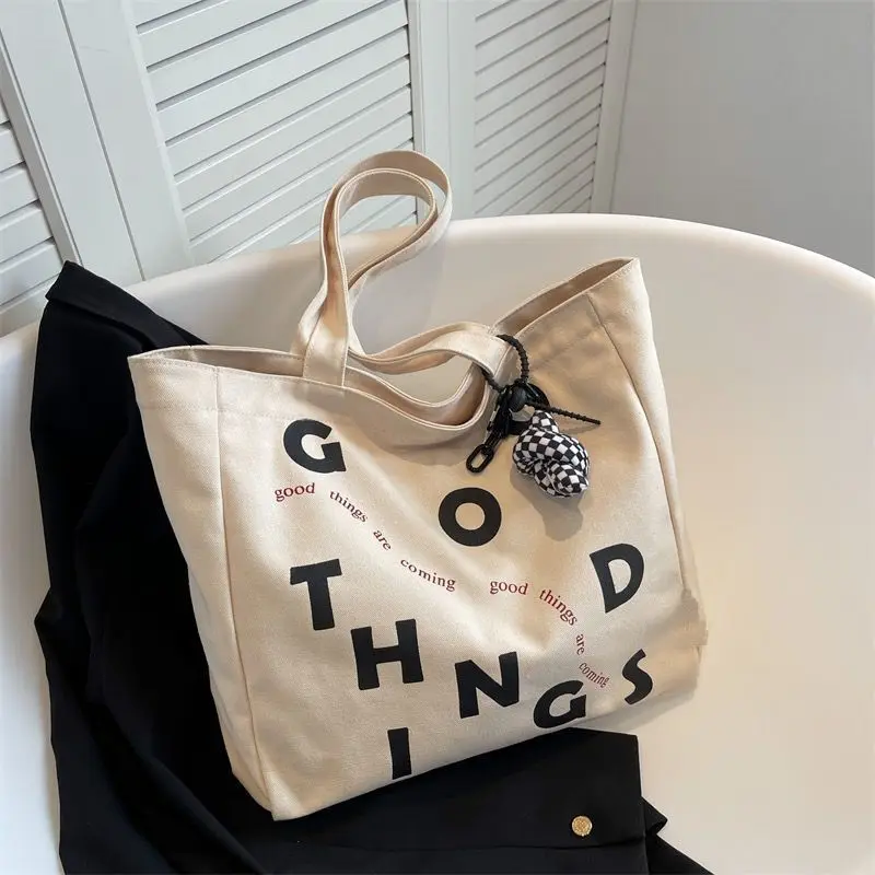 Bolso de hombro de lona para mujer, bolsa de mano informal con estampado de letras, de algodón de gran capacidad, de alta calidad, para compras y