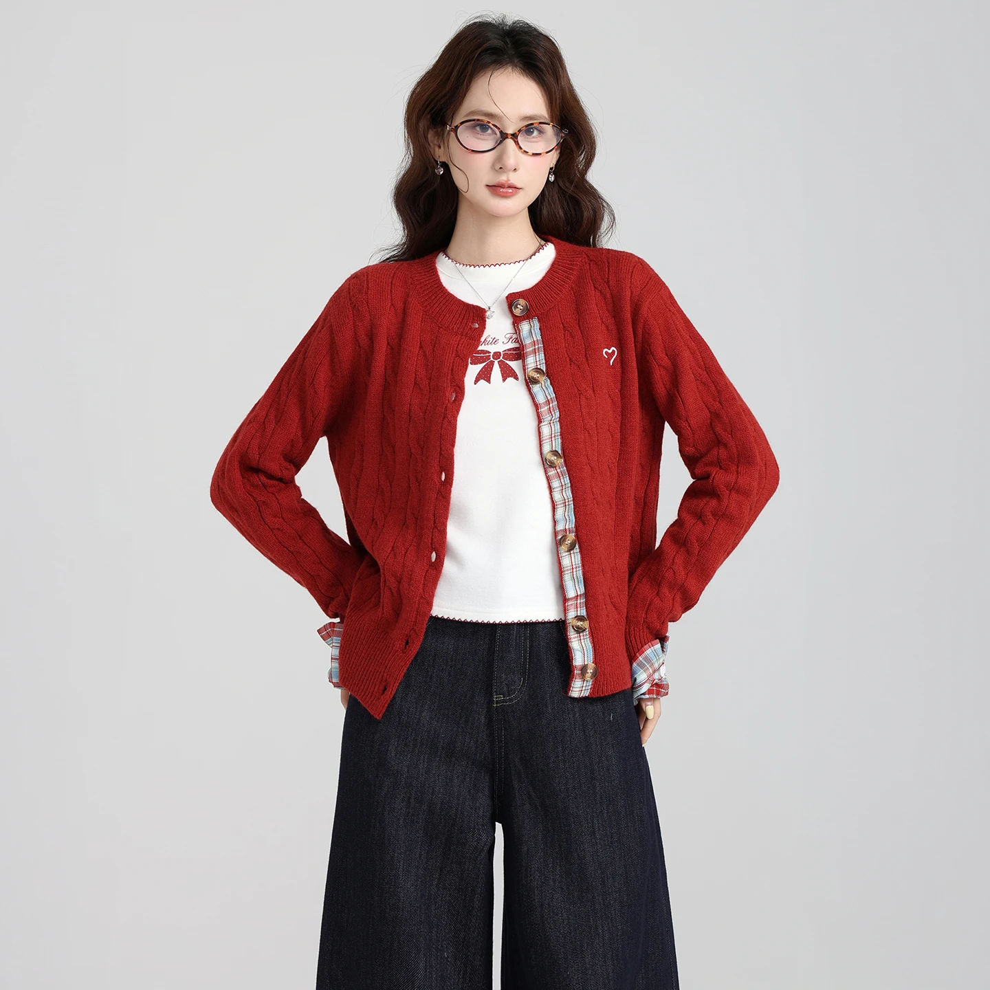 Chaqueta tipo suéter de punto a cuadros bordada con cuello redondo para mujer, Top exterior holgado para Otoño/Invierno