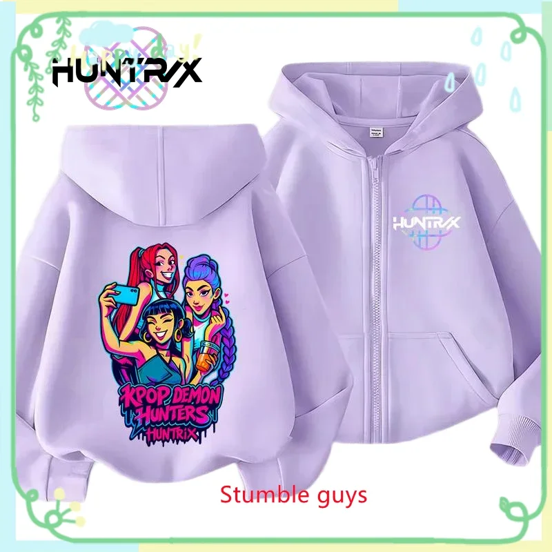 

Kids Purple Zip Hoodie Spring Autumn Kpop Demon Hunters Harajuku Anime Boys Girls Clothes Match Coat