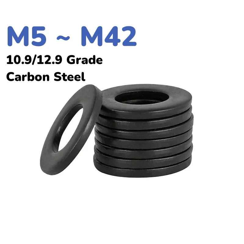 

M5 M6 M8 M10 ~ M42 10,9/12,9 класс высокопрочная черная плоская шайба из углеродистой стали, простая прокладка