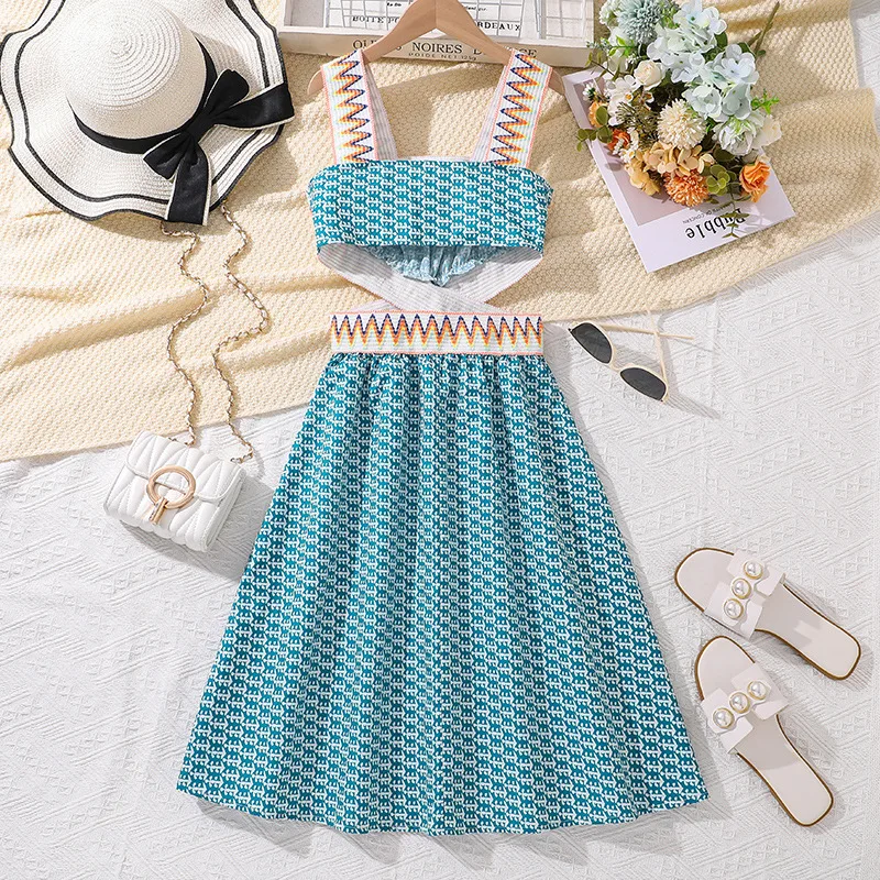 2024 New Arrival Girls Sleeveless Hollow Out Striped Blue Roupa Infantil Menina Cute Party Dress Custume 8-12T