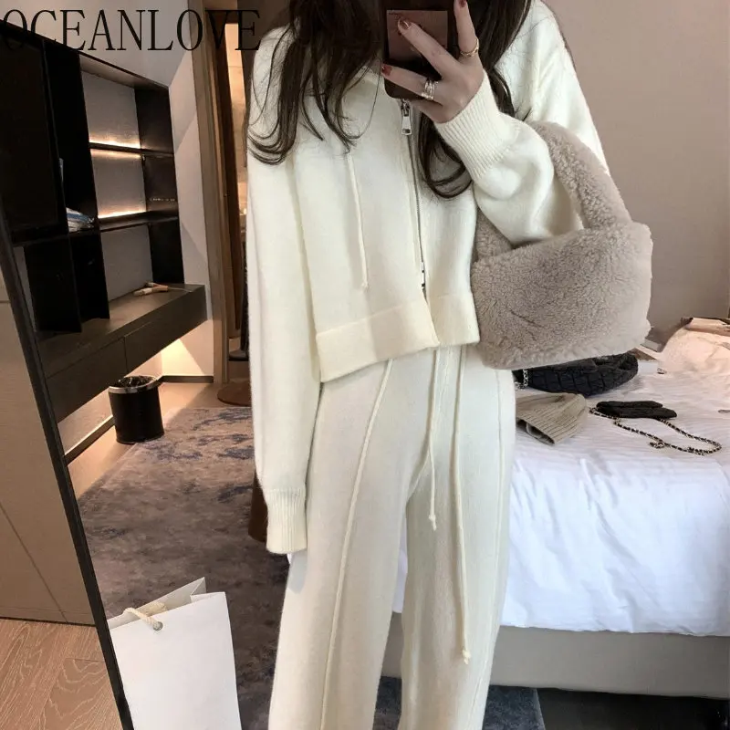 OCEANLOVE Pants Sets Autumn Winter Korean Fashion Solid Two Piece Set for Women Hooded Thick Warm Conjuntos De Pantalones