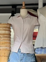 Camiseta ajustada a rayas rosas para mujer, blusa de verano con solapa, camisetas de manga corta con una hilera de botones, camisas de estilo Preppy dulce y bonito Y2k