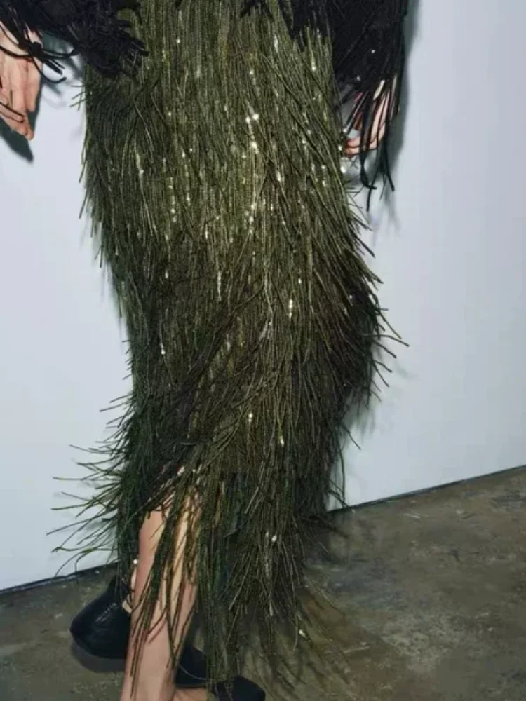 

Retro Women Green Sequin Midi Skirt Lady Chic High Waist Bodycon Long Shiny Sequined Bottom Christmas Evening Party Club Skirts