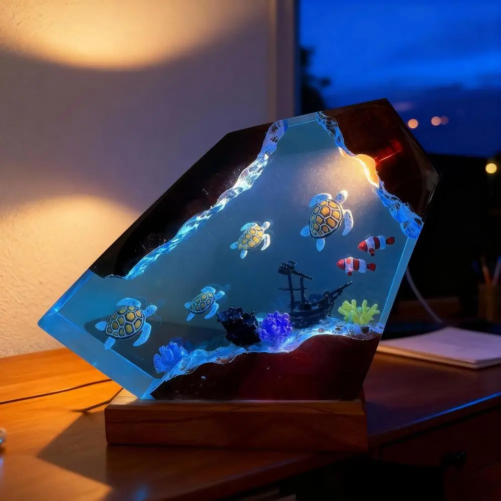 Resin Art LED Night Light: 16-Color USB Whale & Turtle Desk Lamp with Wooden Base, Remote Control, Handcrafted Gift for Holidays