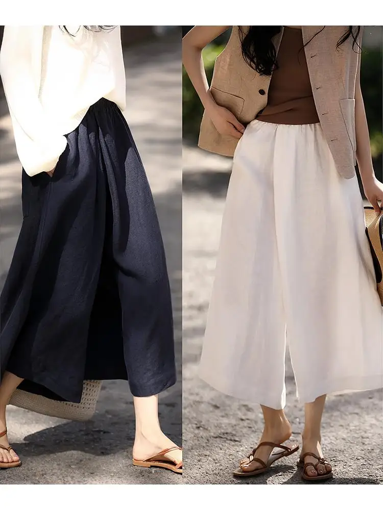 Ole Free Han Hanma Pants Thin Version Washable Nine Points Wide Leg Skirt Pants Summer Women's Casual Trousers High Waist