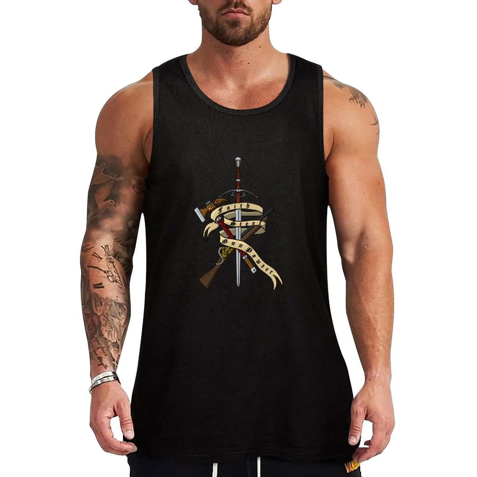 Faith, Steel, and Gunpowder Tank Top anime top men gym clothing Man summer clothes Fitness men clothing