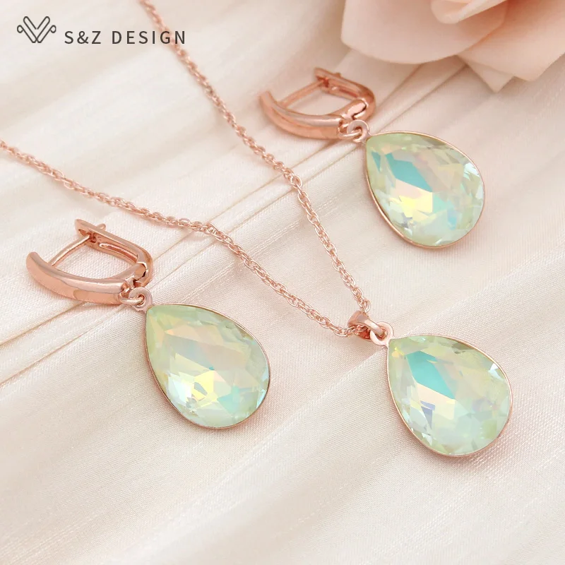 S&Z DESIGN New Fashion Classic 585 Rose Gold Color Water Drop Crystal Dangle Earrings Jewelry Sets For Women Wedding Necklace