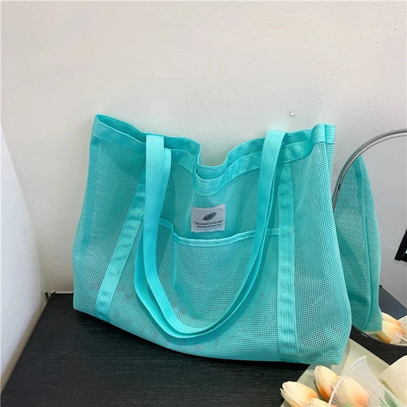 Bolsa de ombro feminina de malha transparente, bolsa portátil elegante para compras, viagens, praia, bolsa de rede