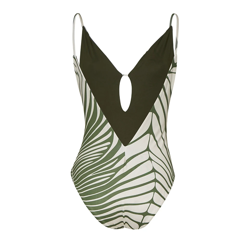 Women Vintage V Neck Swimwear Fashion Stripes Printed Swimsuit Cover Up Summer Sexy Backless Beach Sling Swimming Costume