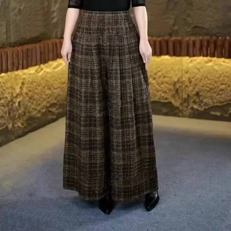 

Женские широкие брюки для похудения, осенне-зимние, больших размеров, в клетку, прямые, длинные, свободные, с эластичным поясом, повседневные брюки