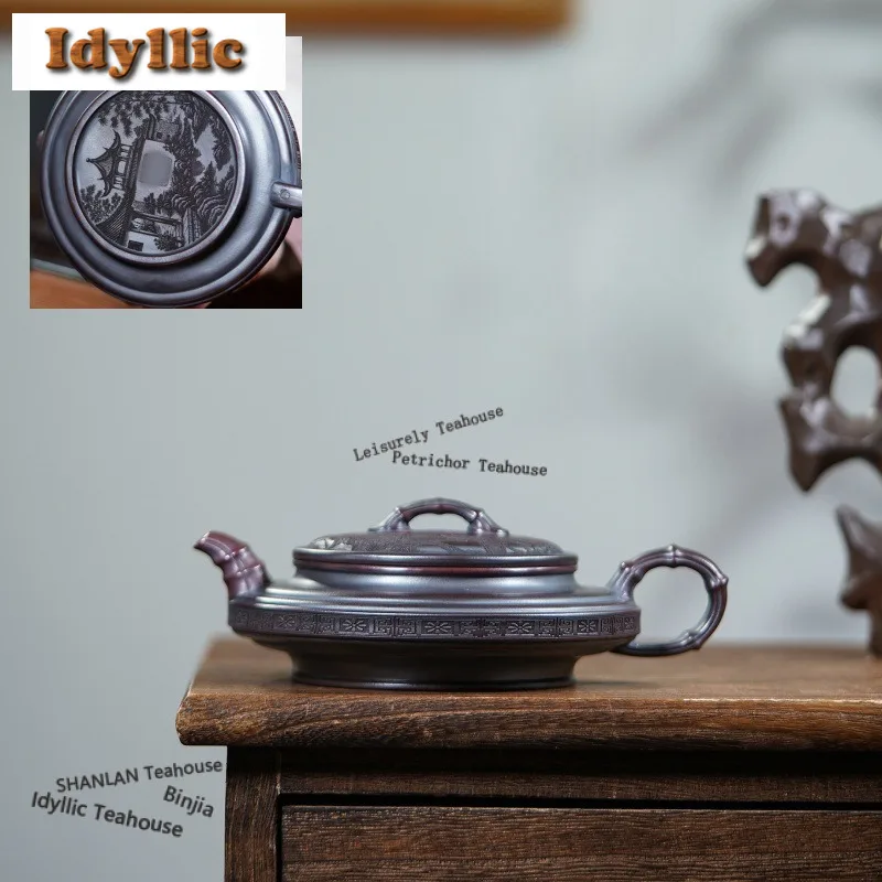 

270ml Exquisite Yixing Purple Clay Teapots Handmade Double Line Bamboo Drum Pot Raw Ore Ancient Red Mud Kettle Zisha Tea Set