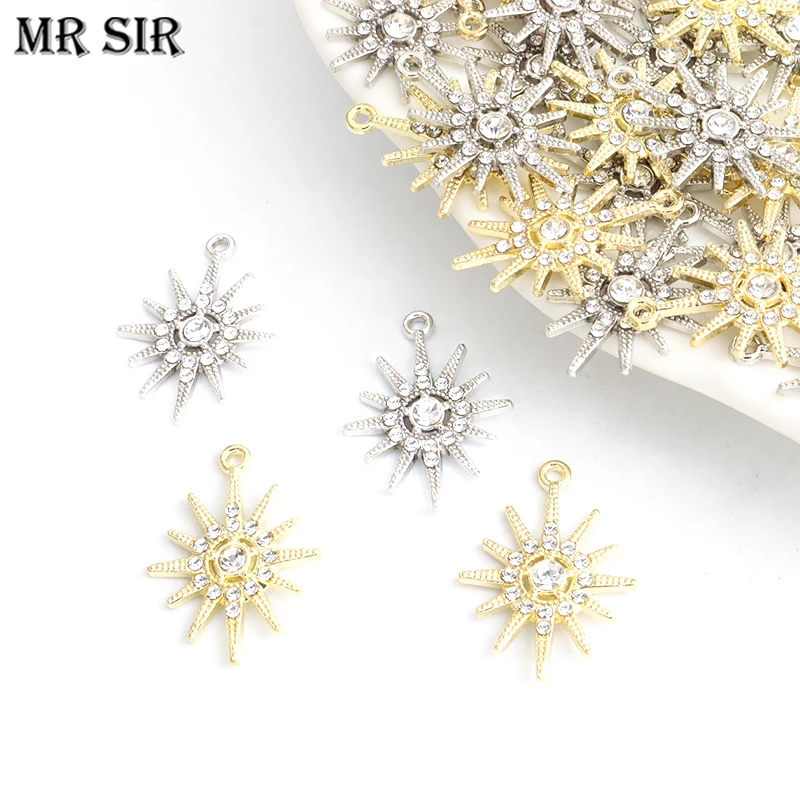 10pcs Gold Silver Color Plated Sun Crystals Metal Charm Shining Rhinestones Alloy Pendant DIY Handmade Bracelet Earrings Jewelry