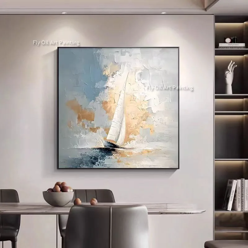 Hand Painted Light Blue And White Sea View Oil Painting On Canvas White Boat On The Sea Artwork Seascape Wall Art Decor For Home