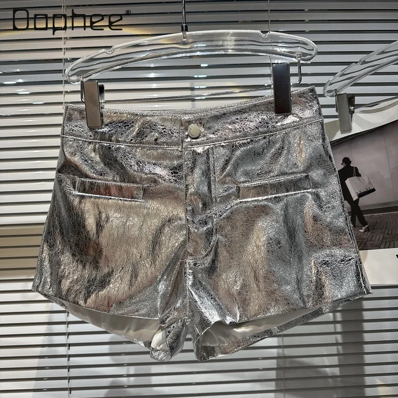 Sexy Sliver Hot Pants Tinfoil Texture Nightclub Party Spicy Girl Slim Fit A Line Button Shorts Street Y2K Female Trend Black