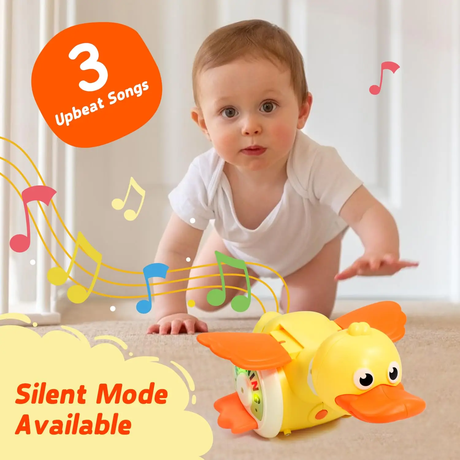 Electric Rotating Foraging Running Duck Crawling Duck Toy Light Up Infant Sensory Runing Dancing Duck Walking Duck Easter Gifts
