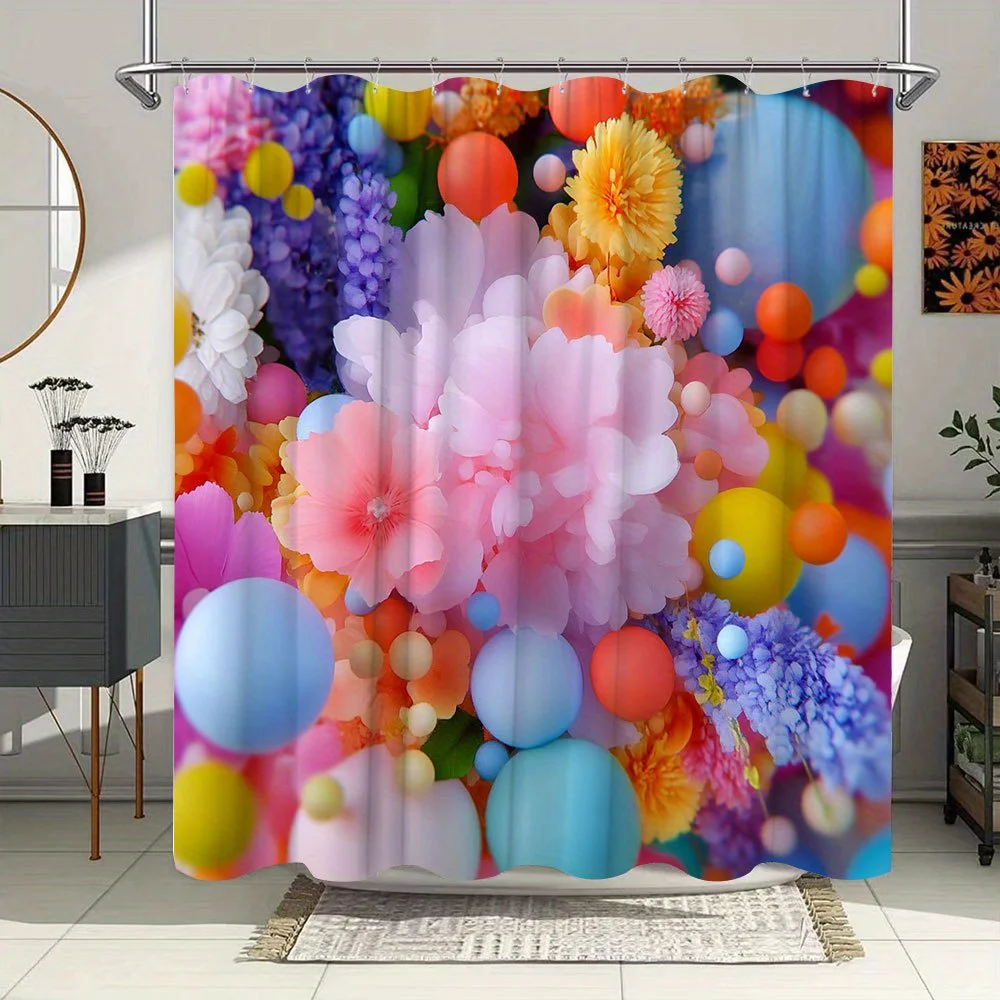 Vibrant Floral Bubbles Waterproof Mildew-Resistant Shower Curtain - Colorful Design for a Joyful Bathroom Décor Experience