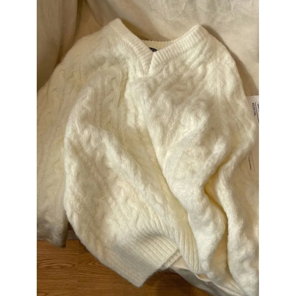 

Autumn Winter Fashion Outerwear Casual Style Pure Color Top Women's Thickened Knitted Sweater V-Neck Long Sleeve Soft Cozy