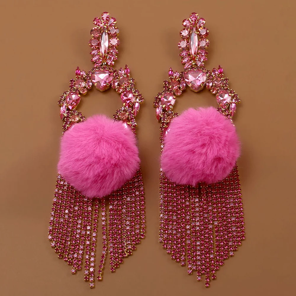 Hollow Pink Exaggerate Tassel Earrings Women Fur Pompon Decoration Statement Large Rhinestone Dangle Earrings Sparkly Jewelry
