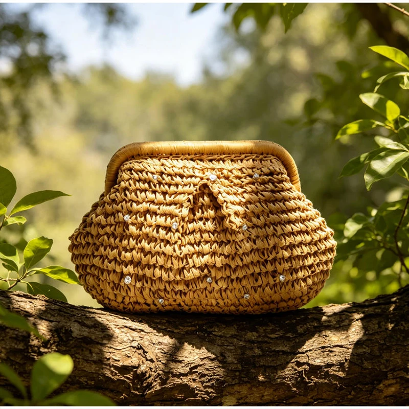 Strohgewebte Ketten-Umhängetasche, Damen-Clutch mit Strass-Verzierung und Verschlussrahmen, Leichte Sommer-Strandtasche für den Abend – Detail 13